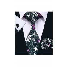 3delige set stropdas manchetknopen pochet zwart wit paars Bloemetjes